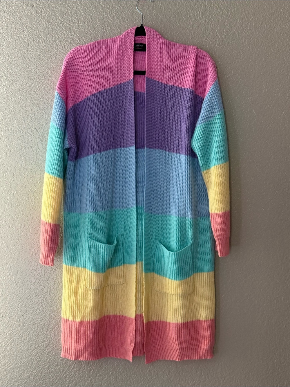 ZESICA XL Pastel Rainbow Colorblock Long Open Front Knit Cardigan Pockets - Picture 8 of 11